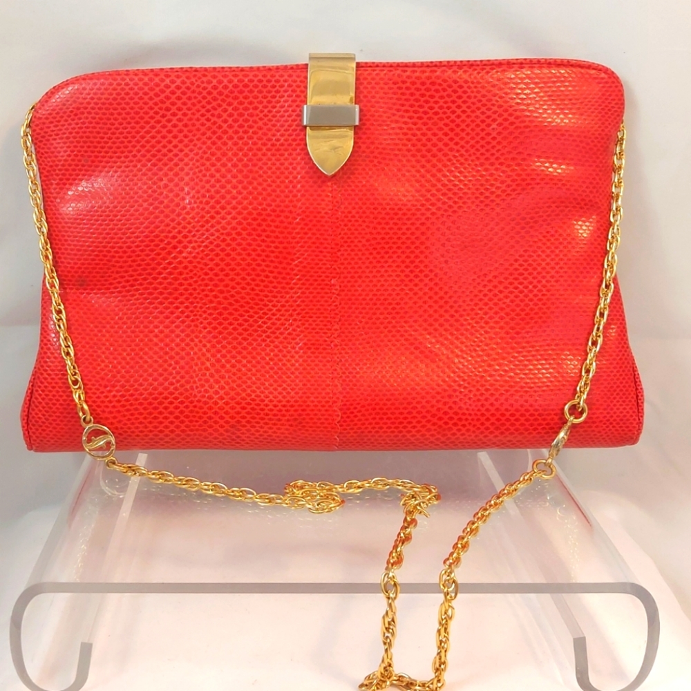 Vtg Italian Real Lizard skin Red bag goldtone chain strap 60s